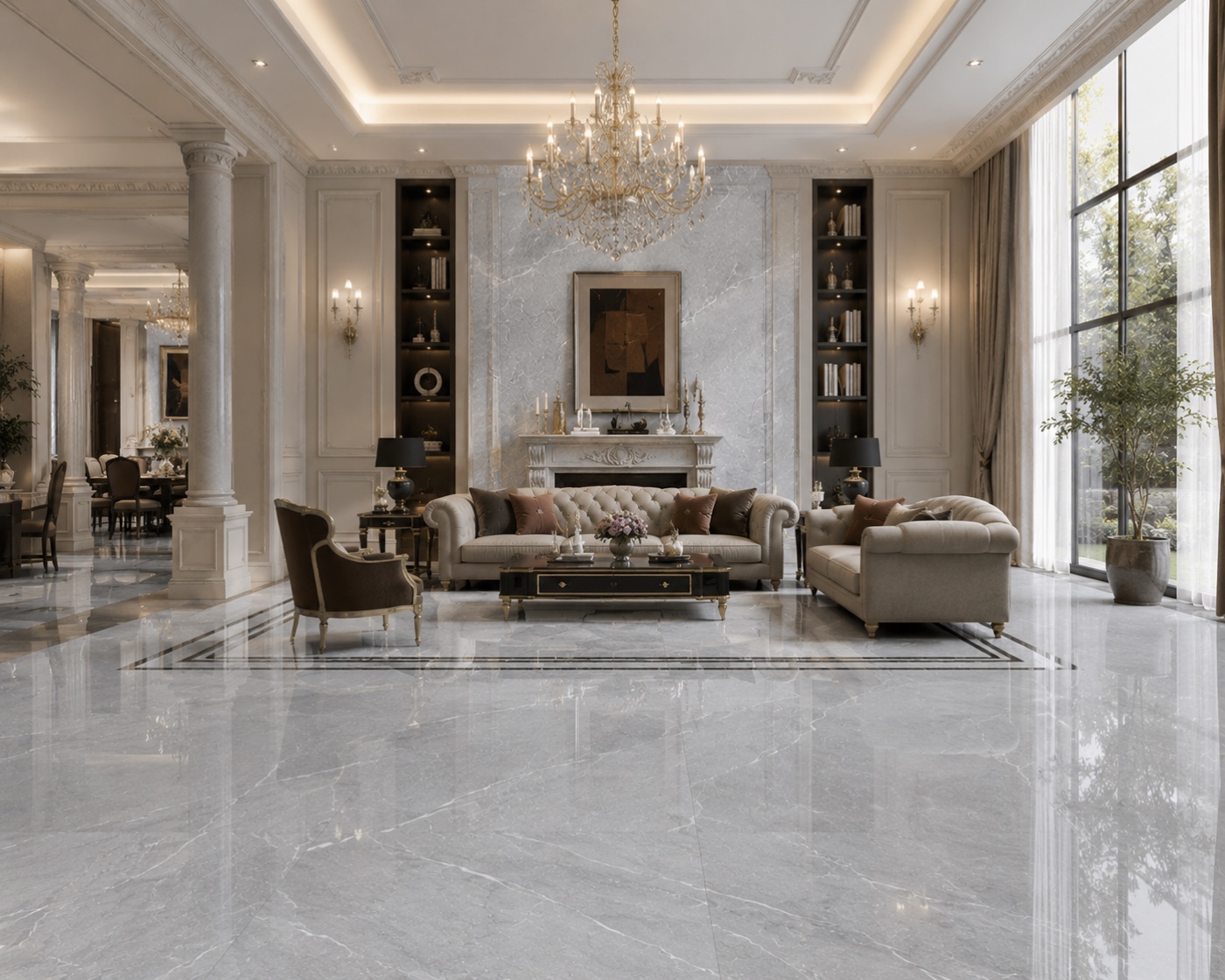 Phòng khách Calacatta Royal phong cách Tân cổ điển — marble với chandelier
