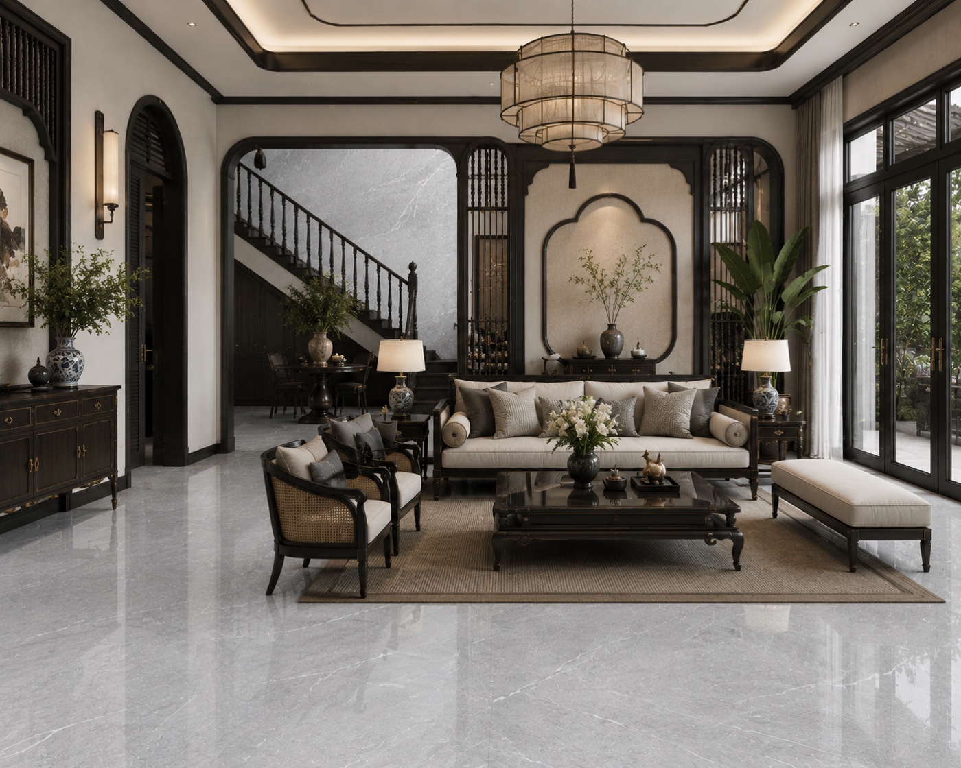 Phòng khách Calacatta Royal phong cách Indochine — Đông Dương