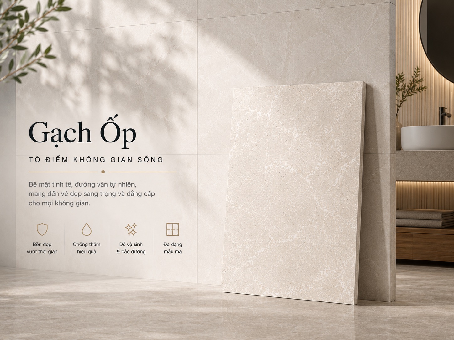Gạch ốp tường porcelain — điểm nhấn cho sảnh, phòng khách, showroom