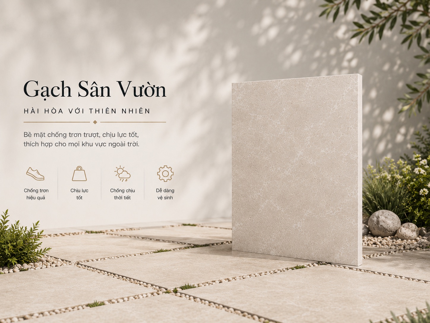 Gạch sân vườn porcelain ngoại thất — chống trơn, chịu nắng mưa